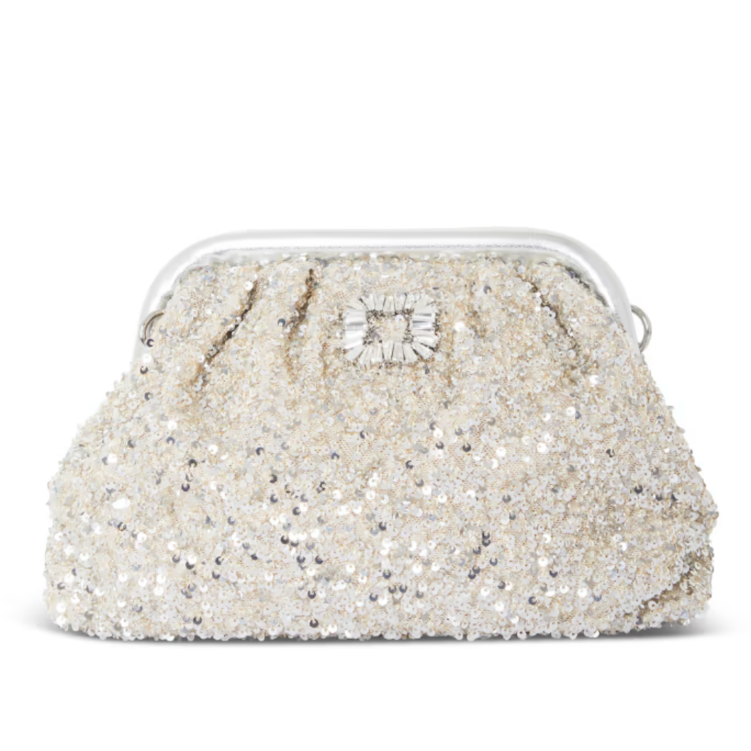 Never Fully Dressed Silver Sequin Clutch TABS Cayman