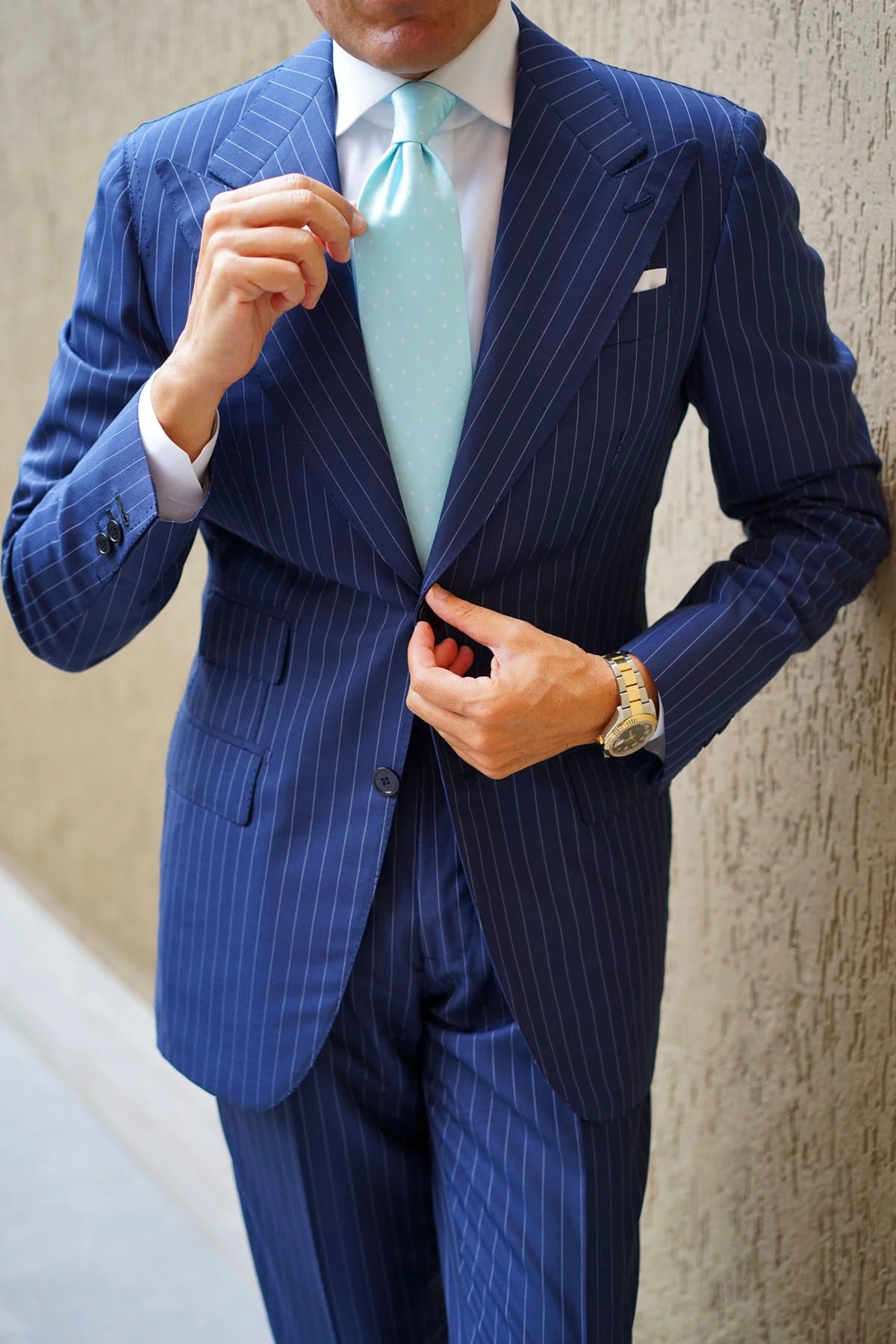OTAA Men's Skinny Tie - Mint Blue With White Polka Dots