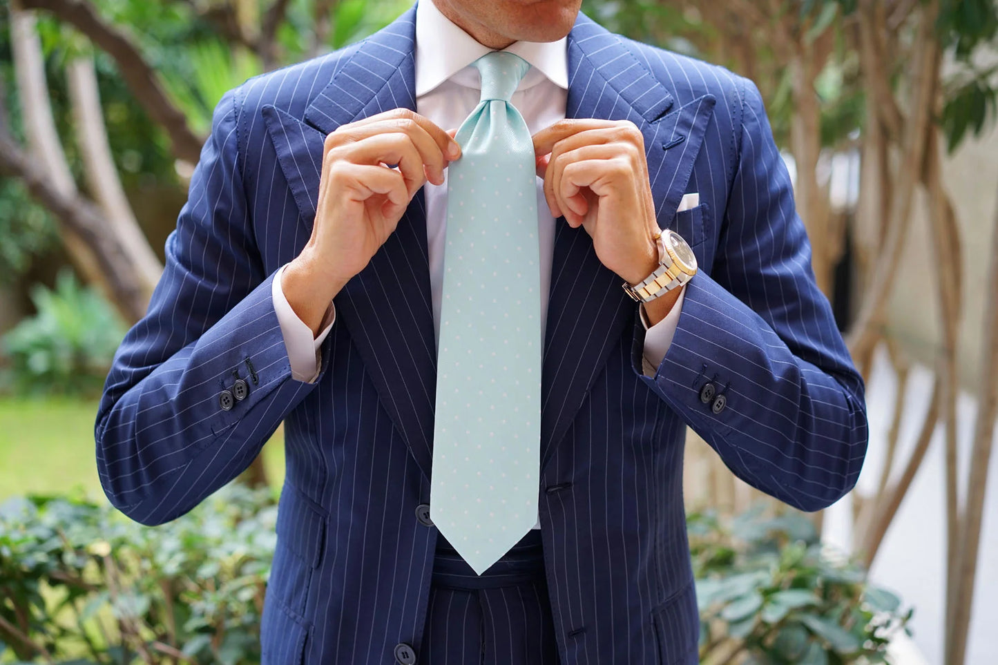 OTAA Men's Skinny Tie - Mint Blue With White Polka Dots
