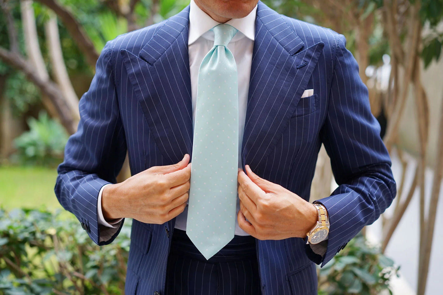 OTAA Men's Skinny Tie - Mint Blue With White Polka Dots