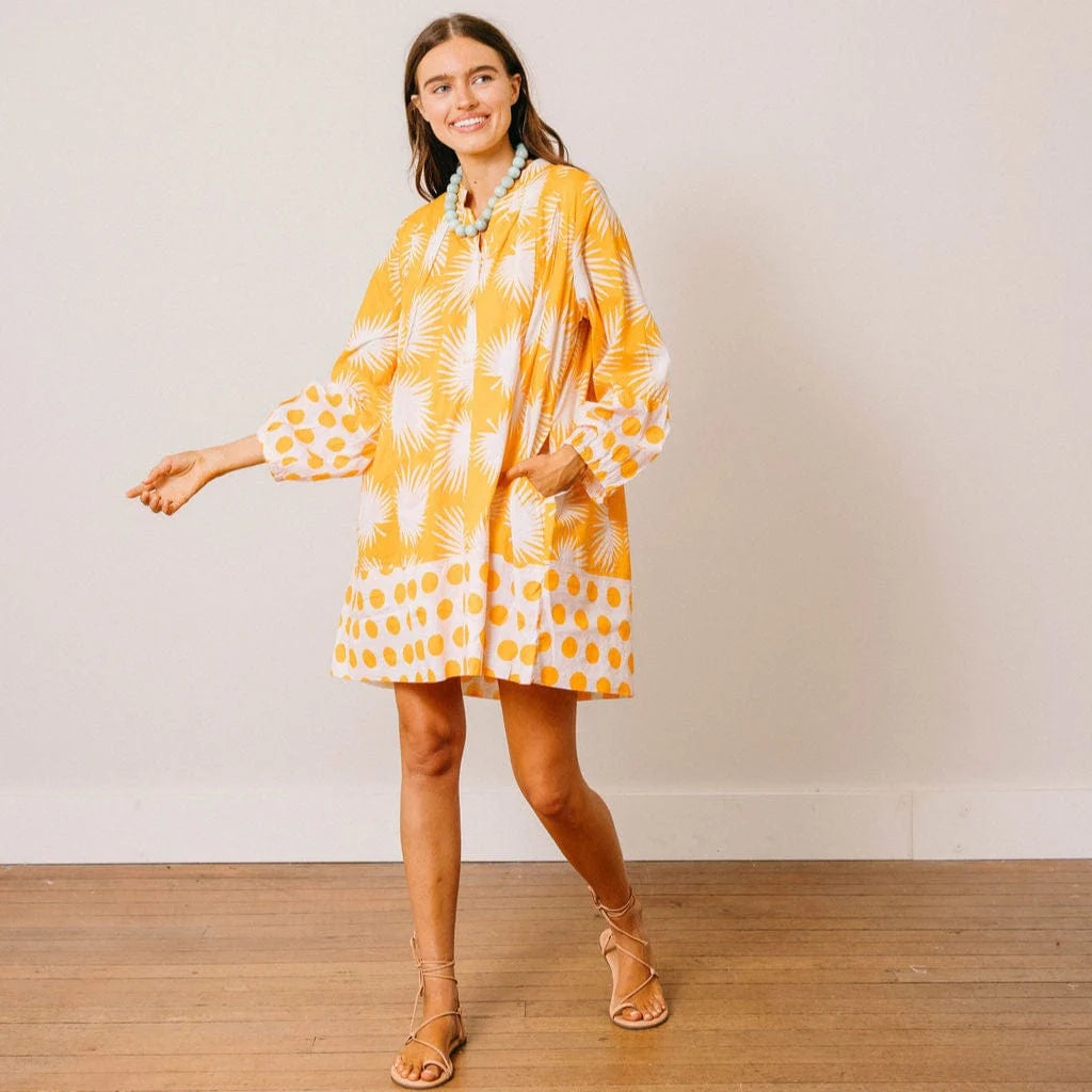 Sunshine Tienda Lilly Dress - Gold Palm Geo with Gold Dot