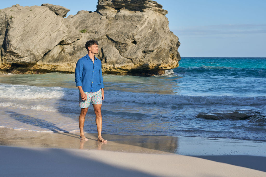 Men's Long Sleeve Linen Shirt - Reef Line Blue