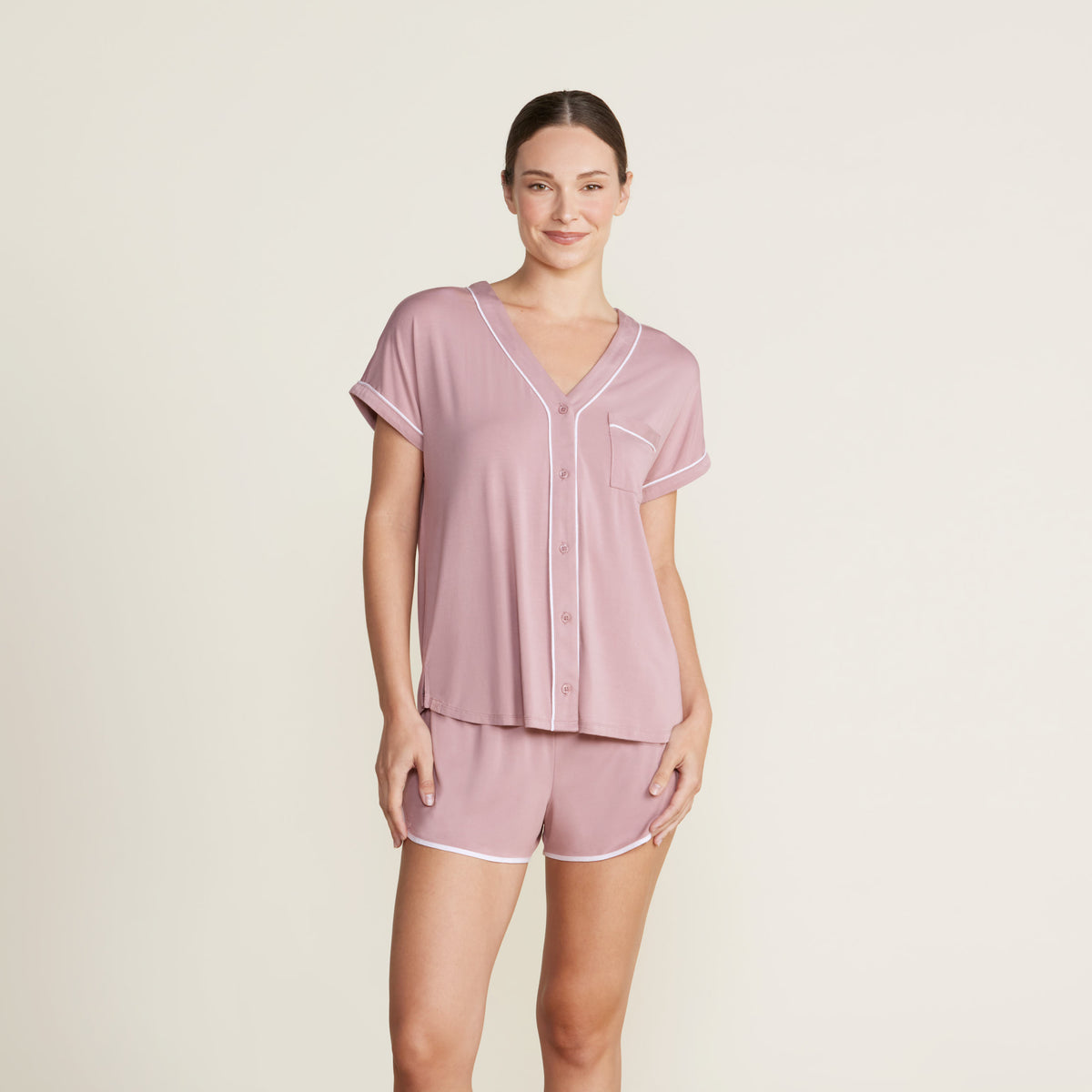 Barefoot Dreams Soft Jersey Piped Lounge Set - Teaberry / White