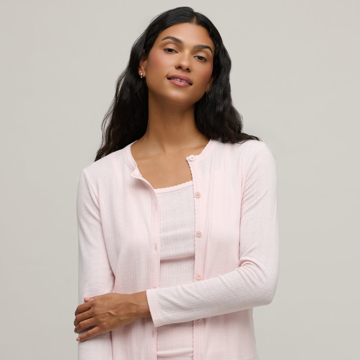 Barefoot Dreams Pointelle Rib Cardigan - Pink Sand