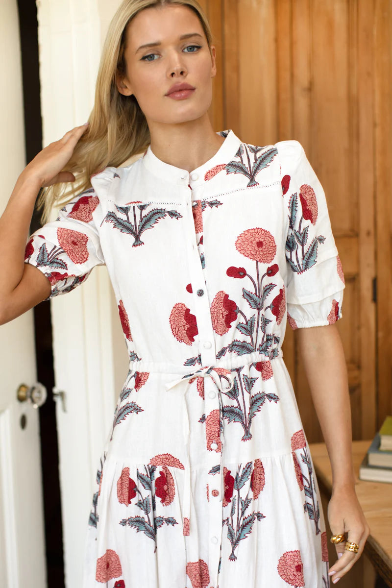 Emerson Fry Lucy 4 Basque Dress - Blush Peonies Linen