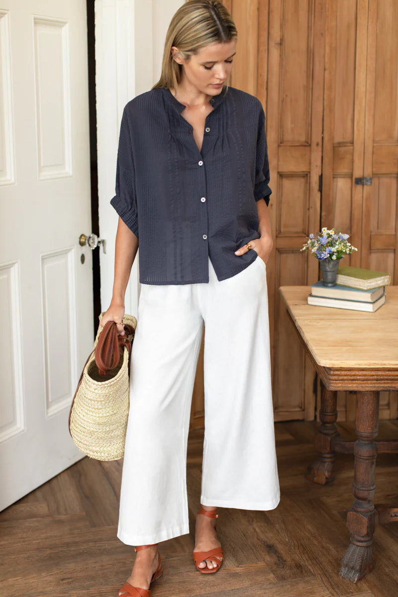 Emerson Fry Mandarin Collar Top - Midnight Seersucker Organic