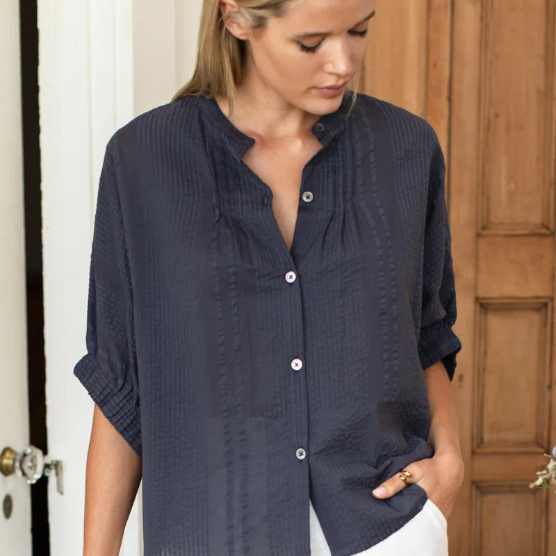 Emerson Fry Mandarin Collar Top - Midnight Seersucker Organic