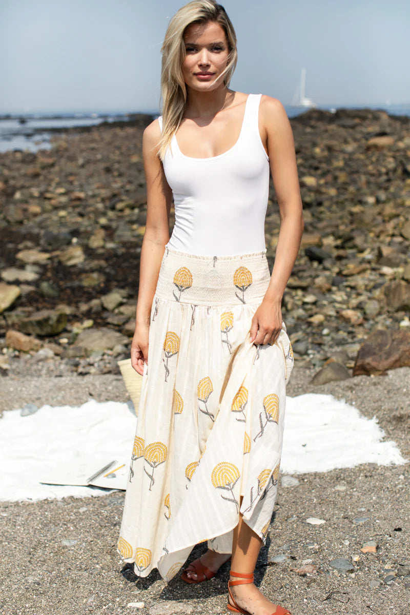 Emerson Fry Smocked Maxi Skirt - Fan Flower Marigold
