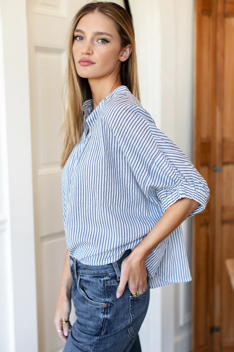 Emerson Fry Mandarin Collar Top - Indigo Stripe Organic