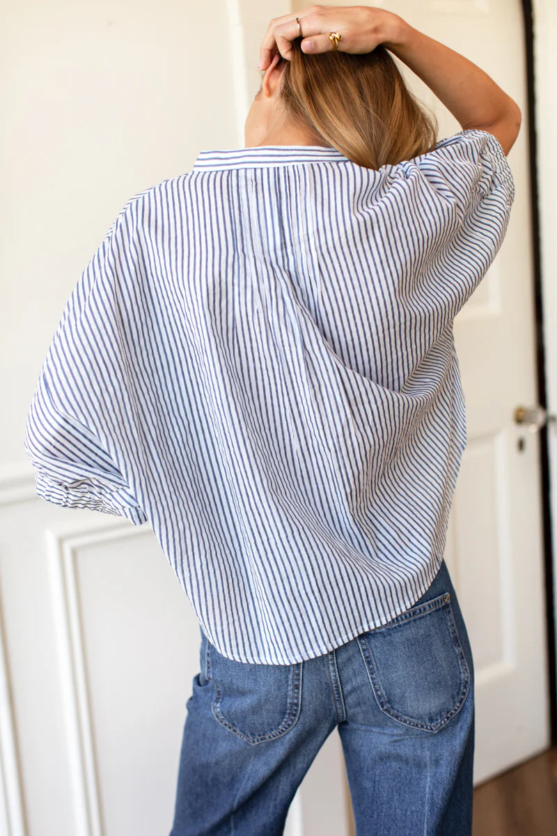 Emerson Fry Mandarin Collar Top - Indigo Stripe Organic