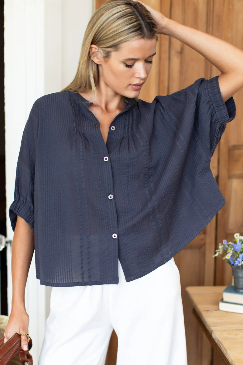 Emerson Fry Mandarin Collar Top - Midnight Seersucker Organic