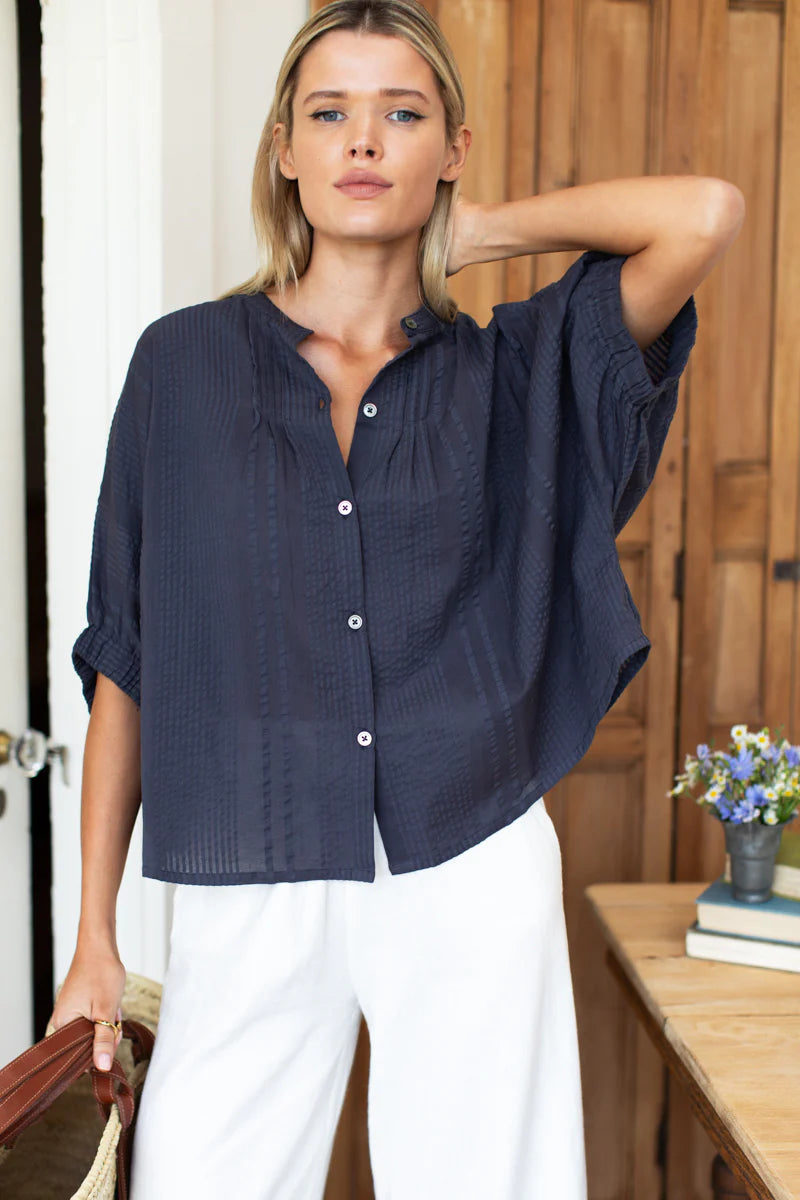 Emerson Fry Mandarin Collar Top - Midnight Seersucker Organic
