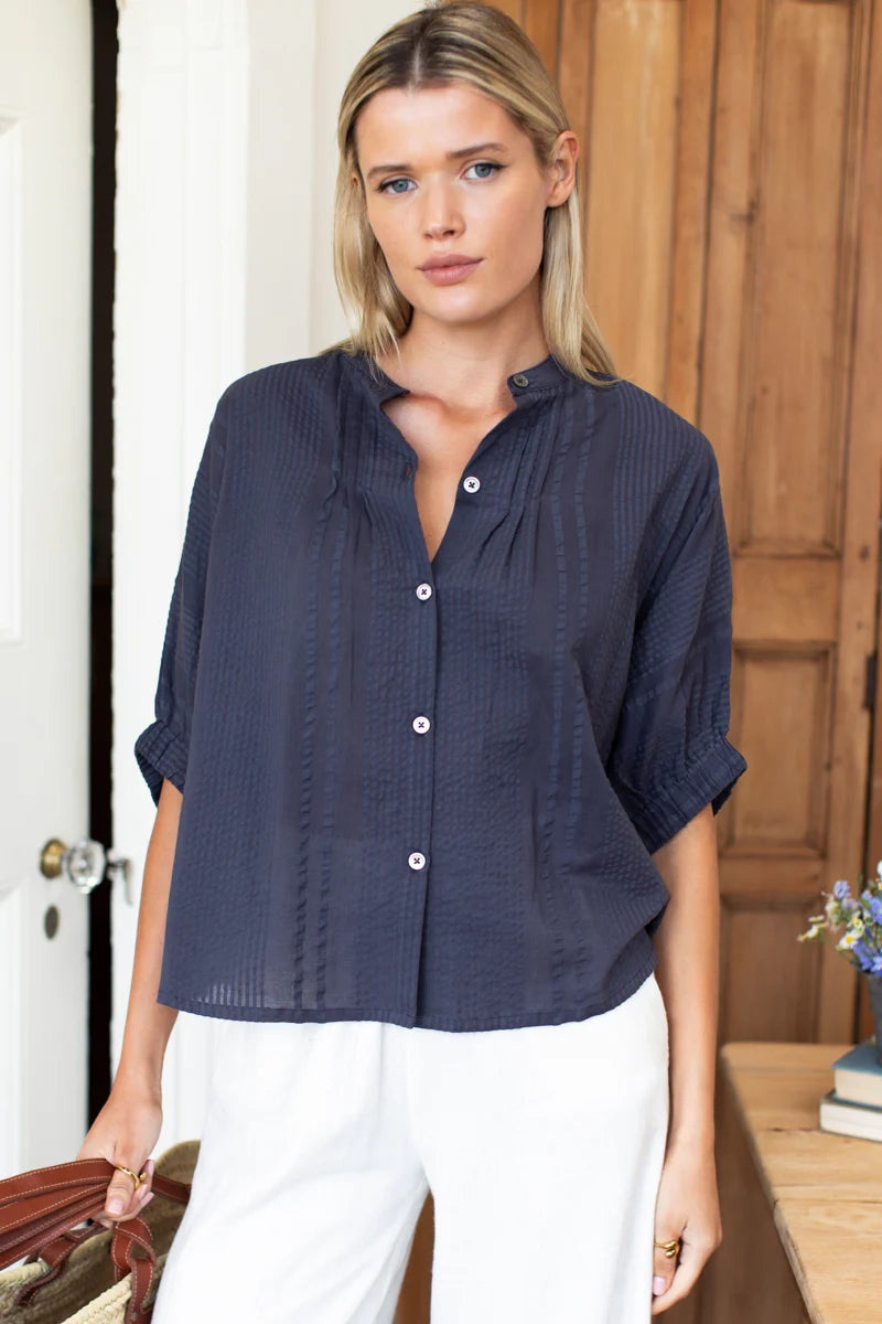 Emerson Fry Mandarin Collar Top - Midnight Seersucker Organic