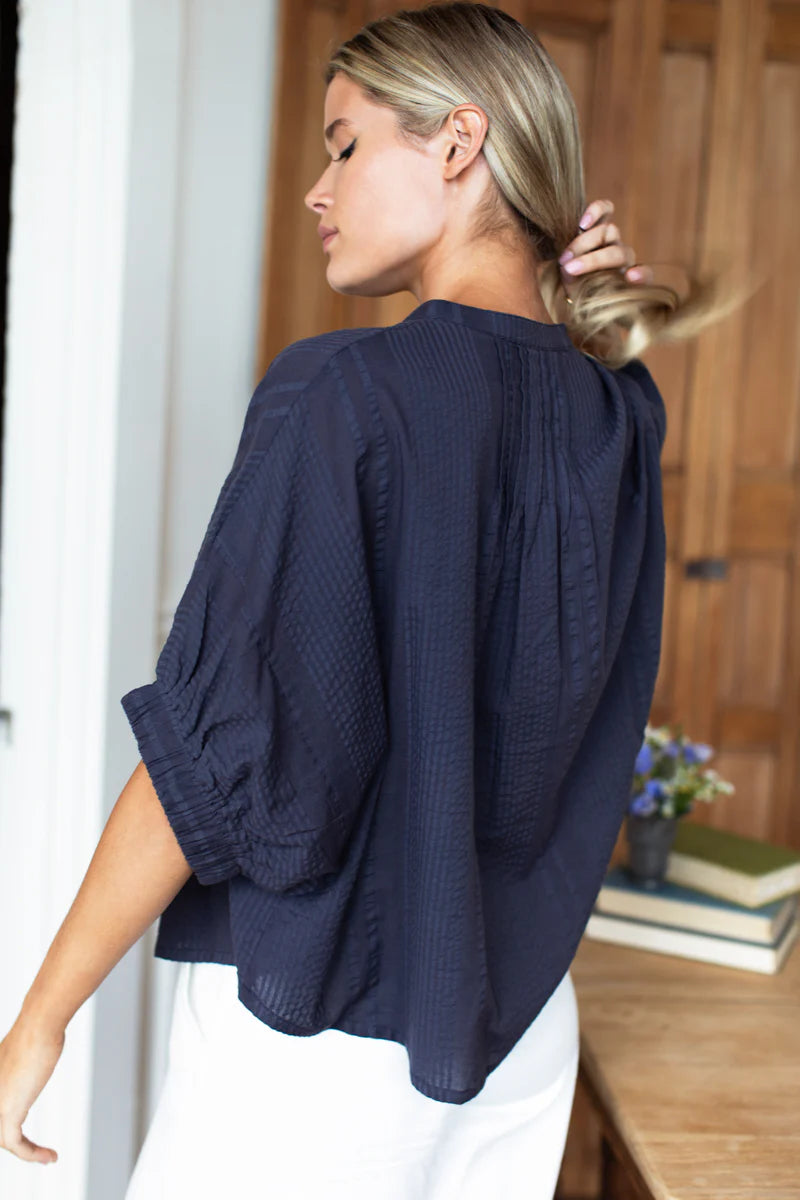 Emerson Fry Mandarin Collar Top - Midnight Seersucker Organic