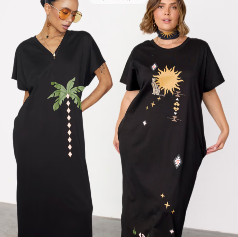 Never Fully Dressed - Black Sunshine Palm T-Shirt Dress