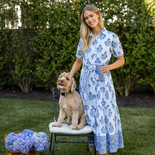 Marea Short Sleeve Shirt Dress - Indigo Stripe Hollyhock