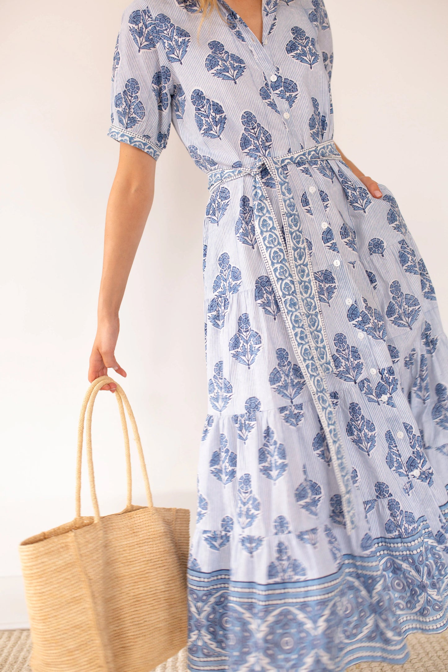 Marea Short Sleeve Shirt Dress - Indigo Stripe Hollyhock