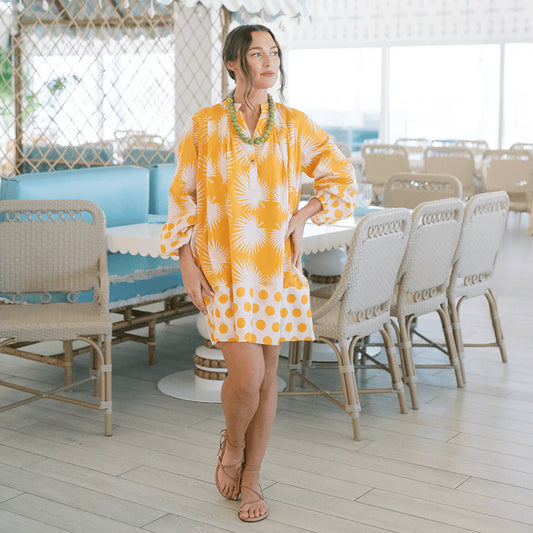 Sunshine Tienda Lilly Dress - Gold Palm Geo with Gold Dot