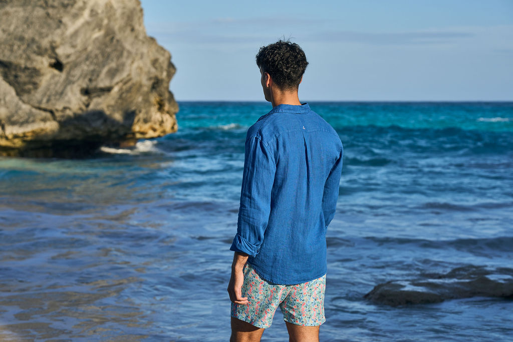 Men's Long Sleeve Linen Shirt - Reef Line Blue