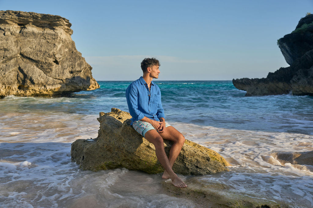 Men's Long Sleeve Linen Shirt - Reef Line Blue
