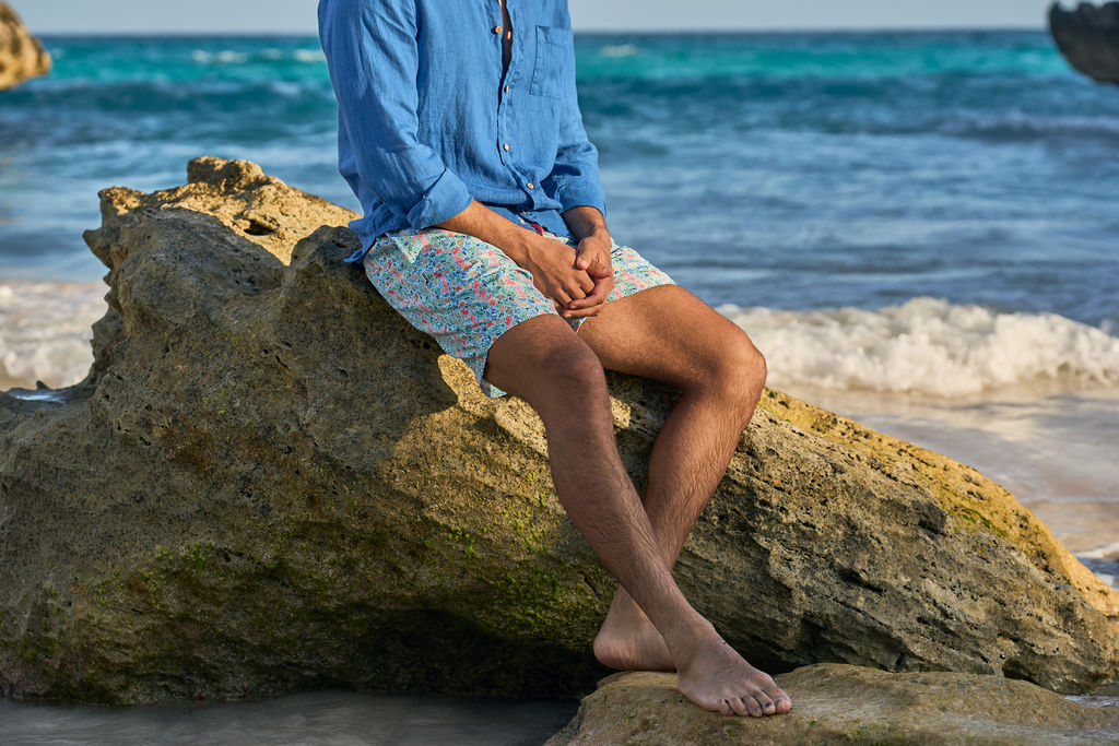 Men's Long Sleeve Linen Shirt - Reef Line Blue