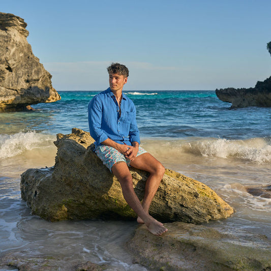 Men's Long Sleeve Linen Shirt - Reef Line Blue