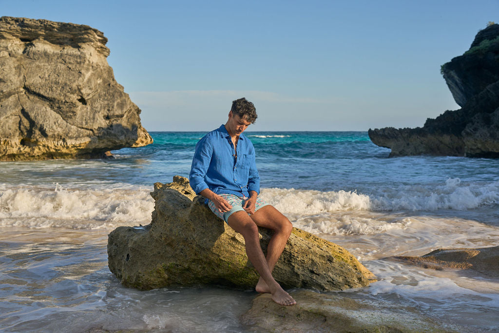 Men's Long Sleeve Linen Shirt - Reef Line Blue