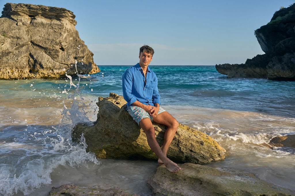 Men's Long Sleeve Linen Shirt - Reef Line Blue
